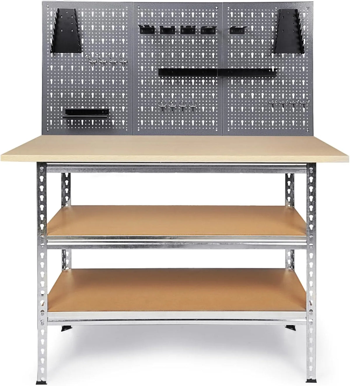 Werkbank und Werktisch – mit Lochwand, 3er-Set, 120 × 60cm, 25mm, 151cm, für Werkstatt und Heimwerken