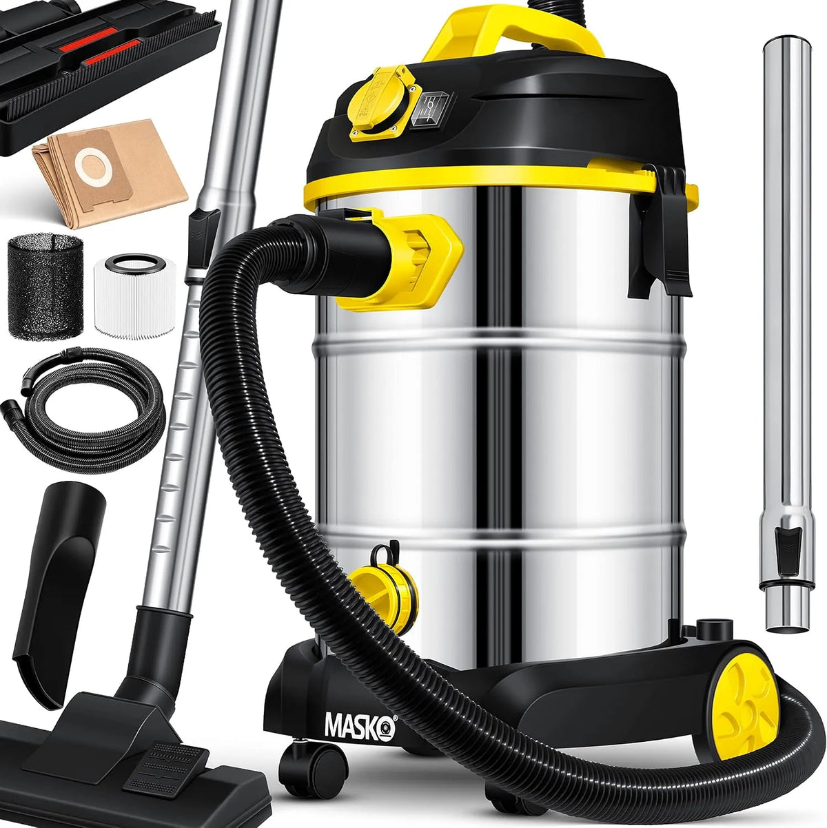Nass-Trockensauger und Industriesauger – HEPA, mit Steckdose, 58 l, 30L, 1800W, für Werkstatt und Heimwerken, gelb