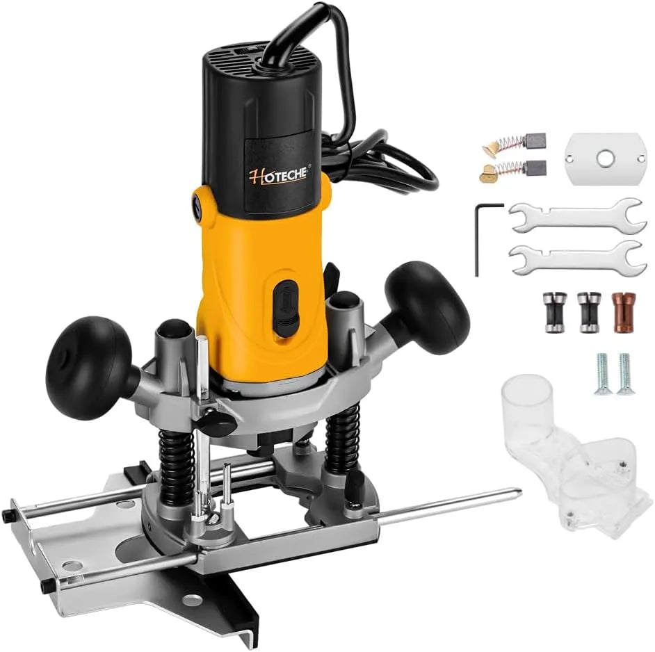 Hoteche 850W Oberfräse mit 30mm max Arbeitstiefe, Gelb-Schwarz, UV-Schutz, 6mm, für Holzbearbeitung