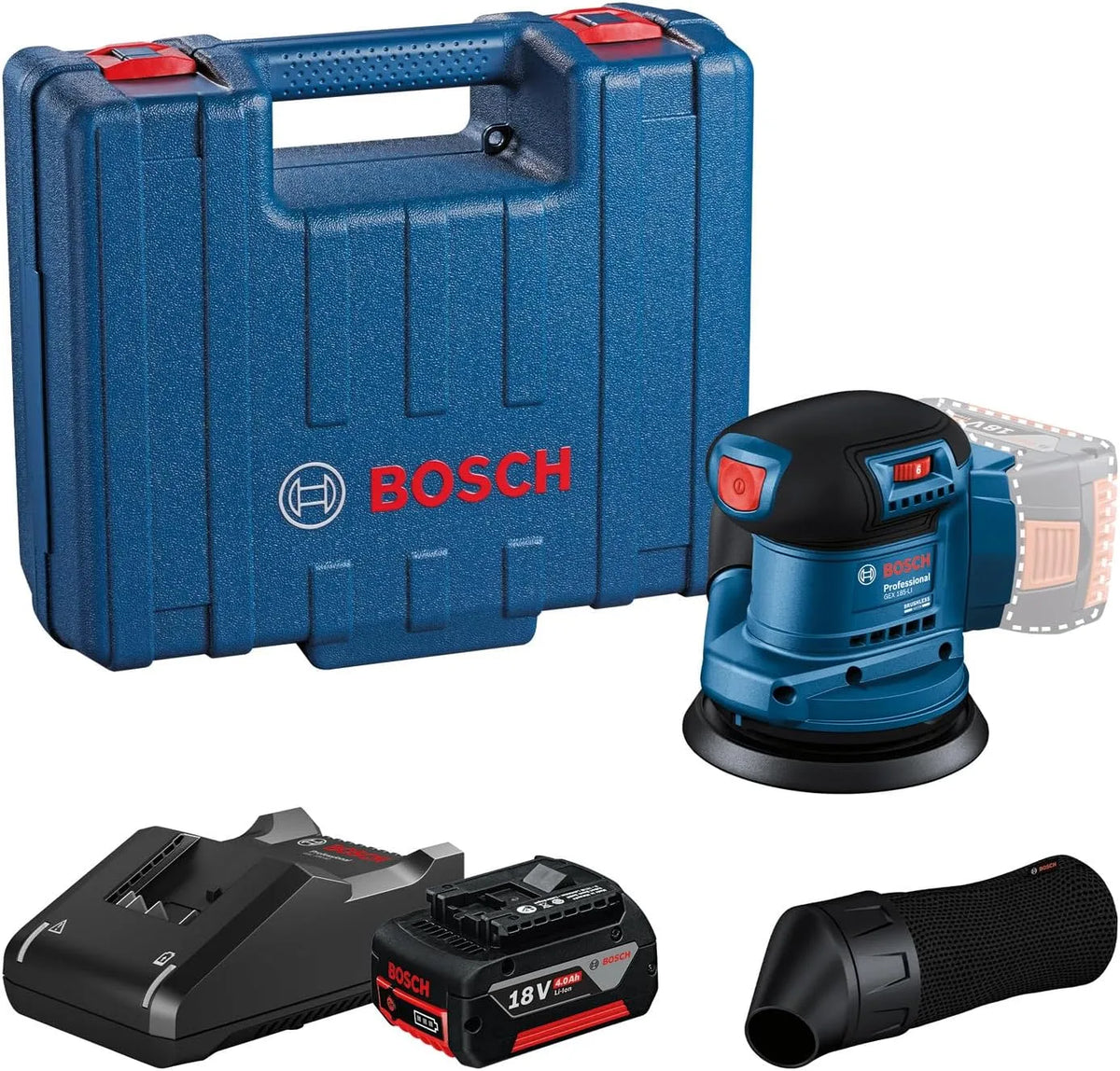 Bosch GEX 185 Exzenterschleifer: Akku-Betrieb, für gewerblichen Einsatz, 18V, 4,0Ah