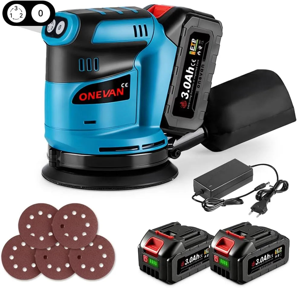 Akku Schleifmaschine zur Materialbearbeitung und Vorbereitung von Flächen für die Endbearbeitung 125mm mit Staubbeutel & 5 Schleifpapier 2 Akkus