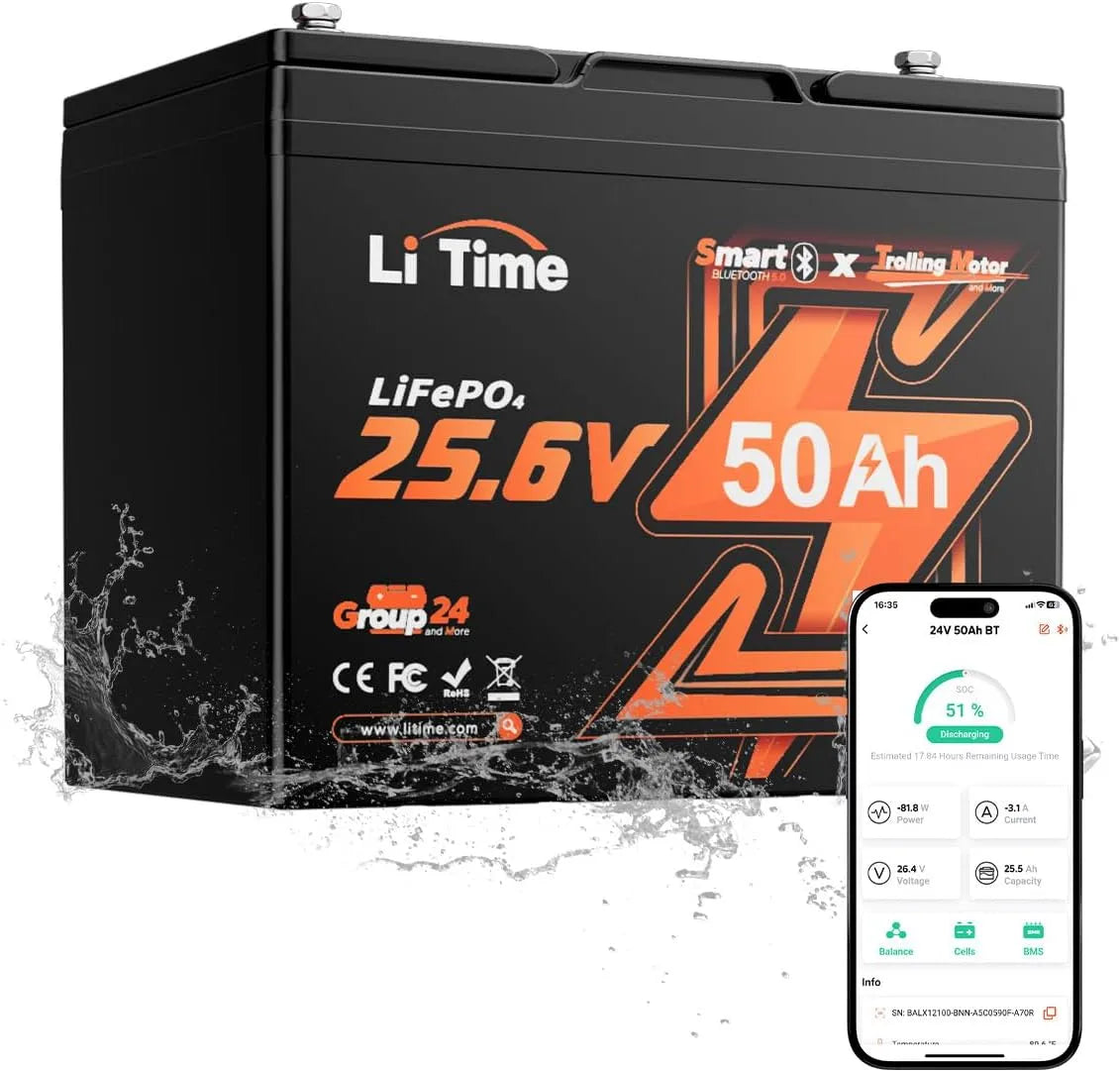 LiTime LiFePO4 LiFePO4-Batterie und Solar-Speicherbatterie, 50Ah, 24V, mit BMS, für Zyklenbetrieb, mit Bluetooth, für Camping und Wohnmobil