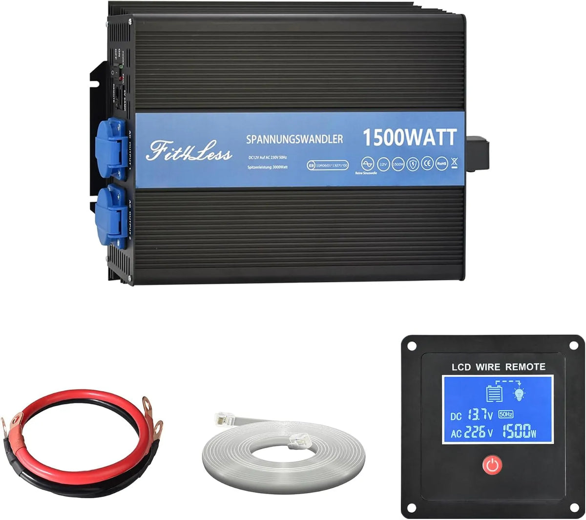 DC12V DC-AC-Wechselrichter und Spannungswandler, 1500W, Schuko-Anschluss