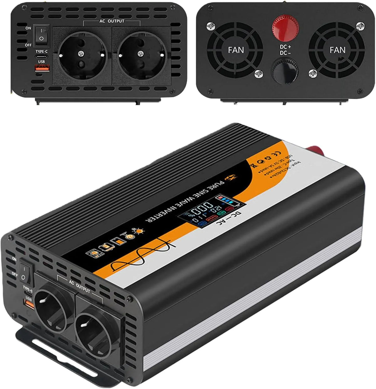 DC-AC-Wechselrichter und Spannungswandler, mit USB-C, 1300W, 3000W, 24V, 12V, mit Digitalanzeige