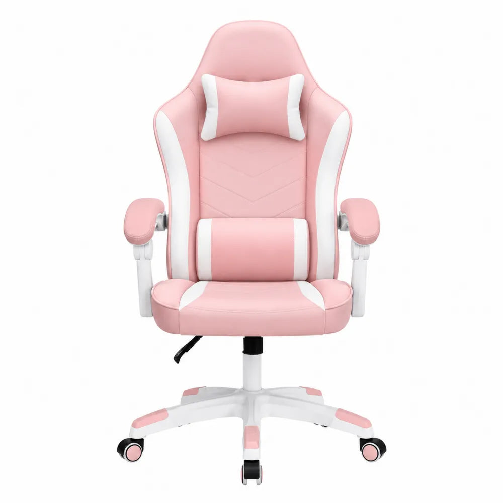 Gaming-Stuhl aus PU-Leder rosa/weiß mit Kopf- und Lendenwirbelstütze