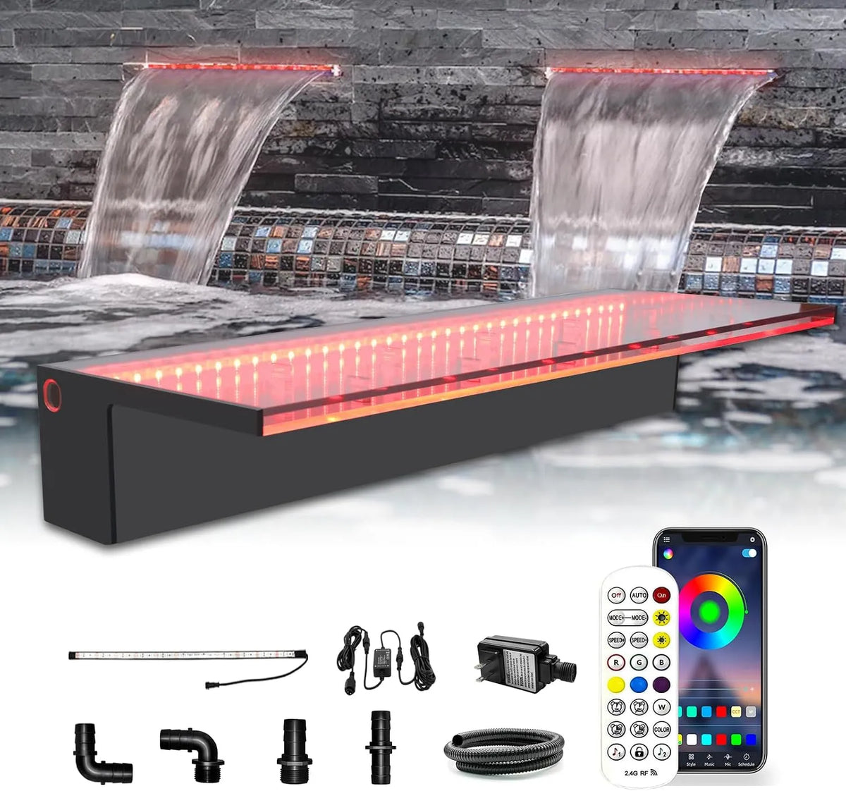 LONGRUN Wasserfall Überlauf APP Kontrolle Mehrfarbig LED-Licht Draussen Pool Brunnen