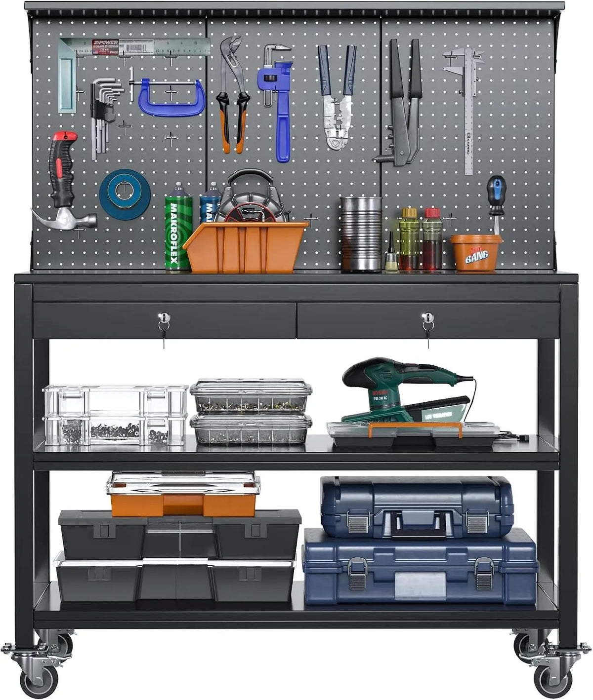 Werkbank und Werktisch – mit Lochwand, aus Metall, aus Stahl, mit Schubladen, 1500 × 1000 × 530 mm, 500 kg, für Metallbearbeitung