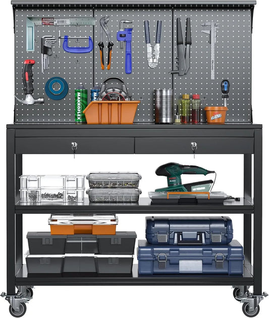 Werkbank und Werktisch – mit Lochwand, aus Metall, aus Stahl, mit Schubladen, 1500 × 1000 × 530 mm, 500 kg, für Metallbearbeitung