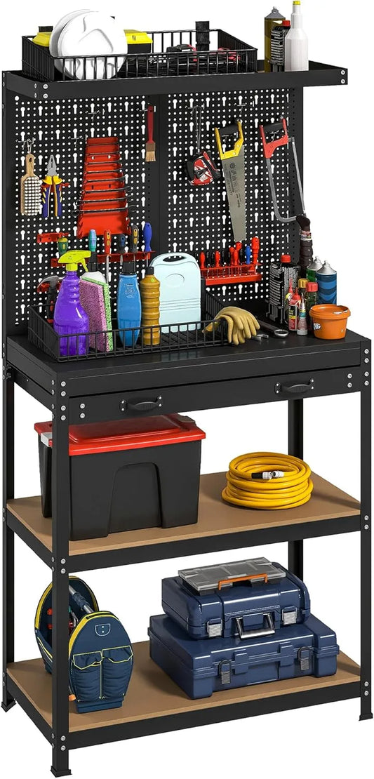 HOMCOM Werkbank als stabile Arbeitsfläche für Montage und Heimwerkerprojekte und Werktisch – mit Lochwand, mit Schubladen, 80 × 40,5 × 155 cm, schwarz