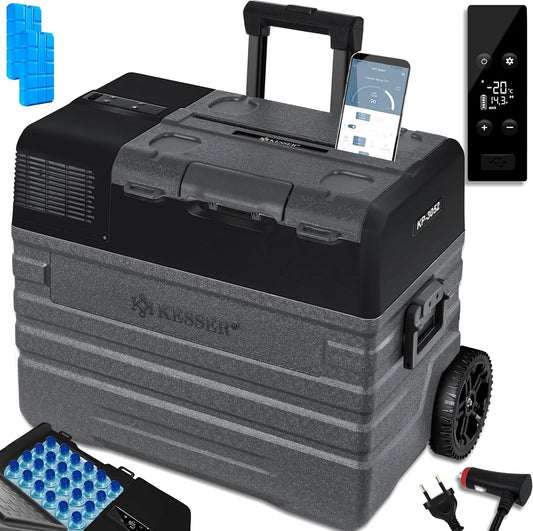 ® Kompressor Kühlbox Auto elektrisch 52L, APP, Akku-Betrieb, Teleskopstiel, mobile Ausführung, App-Steuerung, 230V, 20 °C