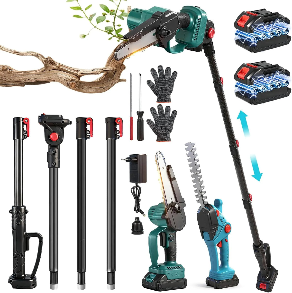 Hochentaster und Teleskop-Astsäge: Akku-Betrieb, Teleskopstiel, UV-Schutz, 2m, 21V, 2,0Ah, für die Gartenpflege