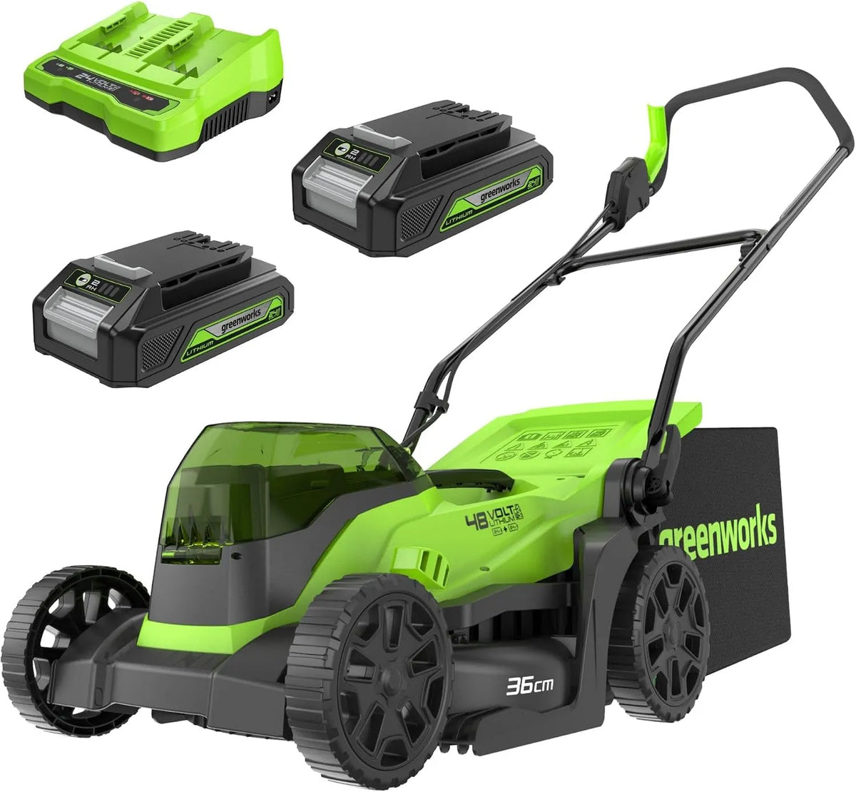Greenworks 48V Rasenmäher: Akku-Betrieb, 36cm, 200m, 24V, für die Gartenpflege
