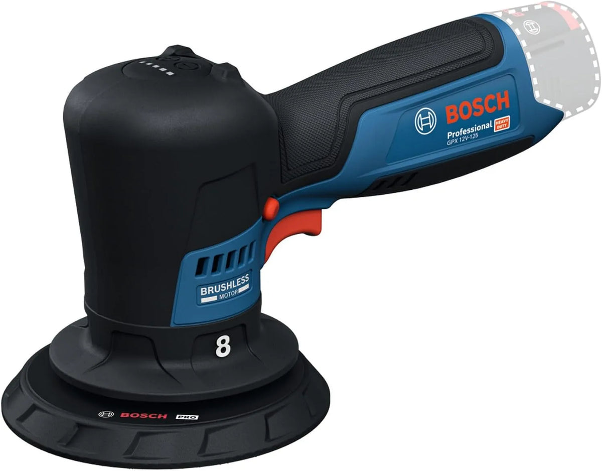 Bosch Professional 12V System Akku-Polierer GPX 12V-125 inkl. Baretool mit montiertem – Akku-Betrieb, für gewerblichen Einsatz, 125 mm