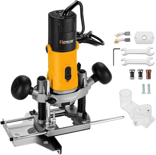 Hoteche 850W Oberfräse mit 30mm max Arbeitstiefe, Gelb-Schwarz, UV-Schutz, 6mm, für Holzbearbeitung