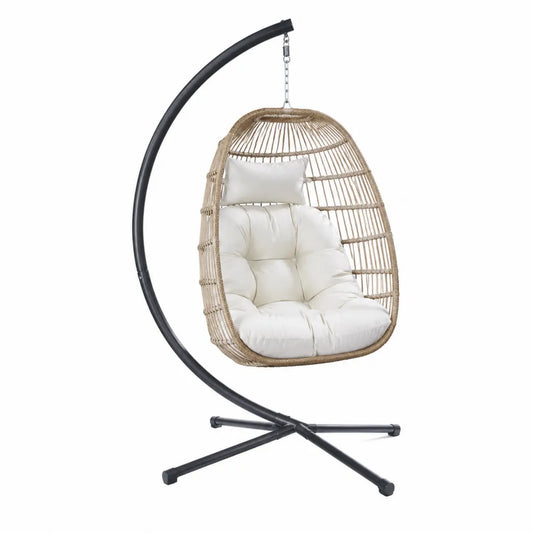 Hängesessel aus Rattan mit Stahlrahmen und Kissen, Beige