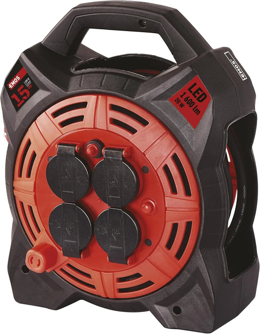 H07RN-F3G Kabeltrommel und Verlängerungskabel mit Steckdosen, 3000 W, Schuko-Anschluss, 230 V, 13 A, 15m