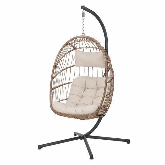 Hängesessel Polyrattan Beige mit Stahlgestell 195 cm