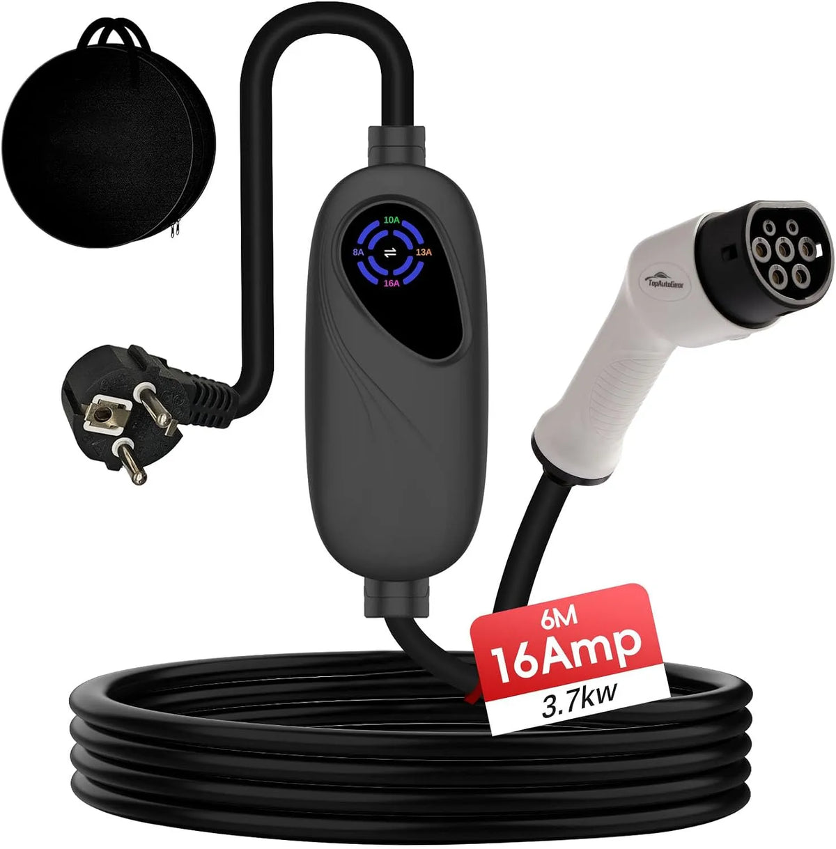 ID.3/4/5 Typ-2-Ladekabel für Elektroautos und Mode-3-EV-Kabel, 3,7kW, 16A, 6m, einphasig, Typ 2, Schuko-Anschluss