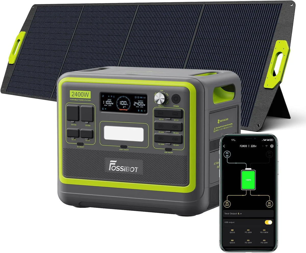 FOSSiBOT F2400 Tragbare Powerstation und Solargenerator, solarbetrieben, 2048Wh, 200W, 2400W, 4800W, für Camping und Wohnmobil