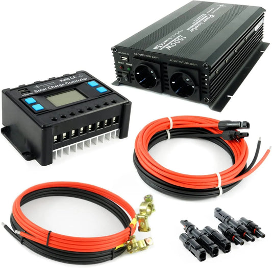 SOLARTRONICS Zubehör Solar Set 1500 Watt Wandler 30A Laderegler Stecker Kabel Batterie Laderegler Photovoltaik Inselanlage