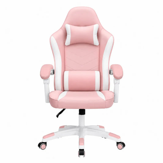 Gaming-Stuhl aus PU-Leder rosa/weiß mit Kopf- und Lendenwirbelstütze