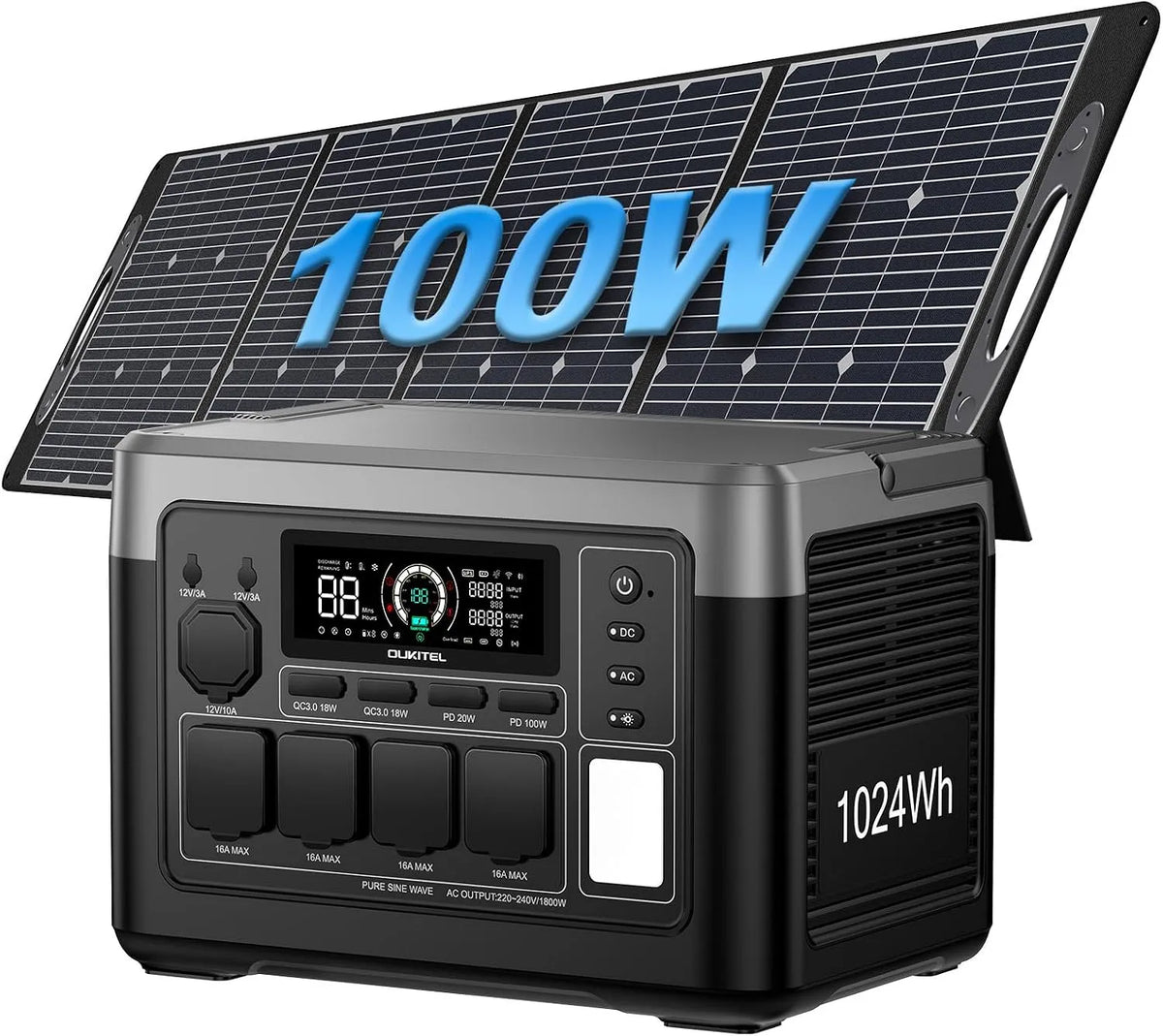 OUKITEL P1000E Tragbare Powerstation und Solargenerator, 1024Wh, solarbetrieben, 100W, 1800W, 3600W, für Camping und Wohnmobil