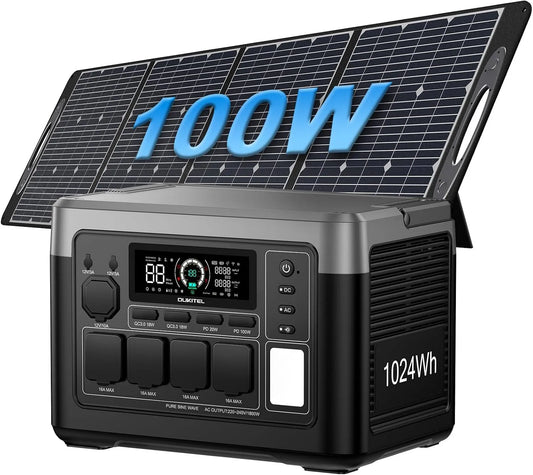 OUKITEL P1000E Tragbare Powerstation und Solargenerator, 1024Wh, solarbetrieben, 100W, 1800W, 3600W, für Camping und Wohnmobil