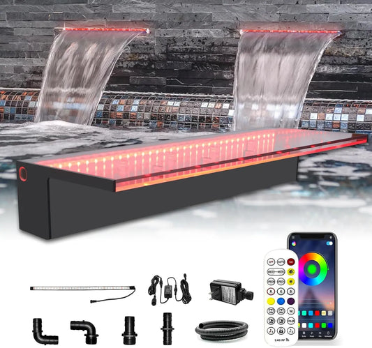 LONGRUN Wasserfall Überlauf APP Kontrolle Mehrfarbig LED-Licht Draussen Pool Brunnen