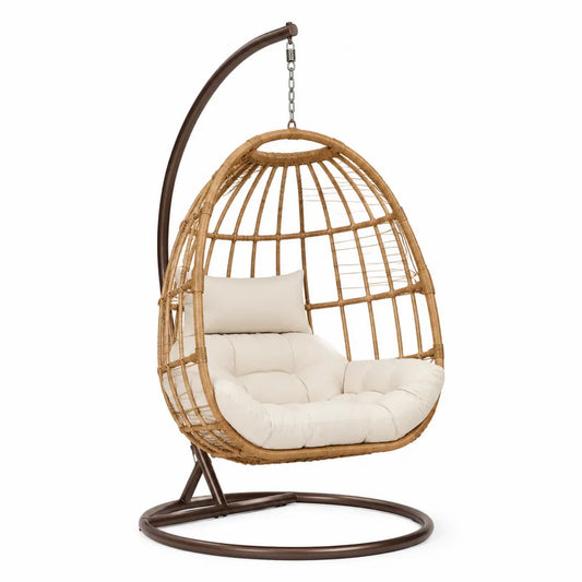 Hängesessel aus Stahl und Polyrattan mit Polyesterkissen Beige 115x95x195 cm